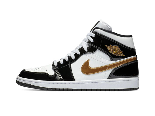 Air Jordan 1 Mid Patent Black White Gold